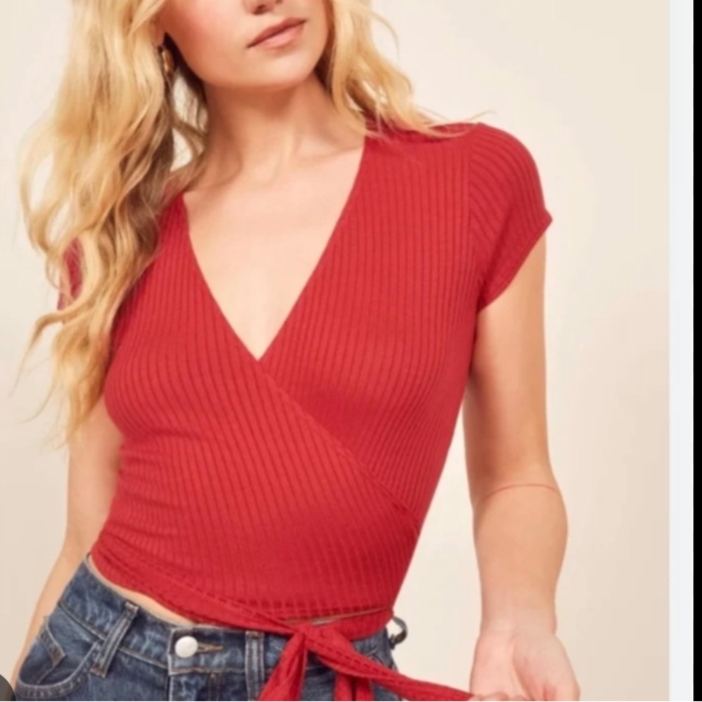 Reformation Red Ribbed Wrap Crop Top